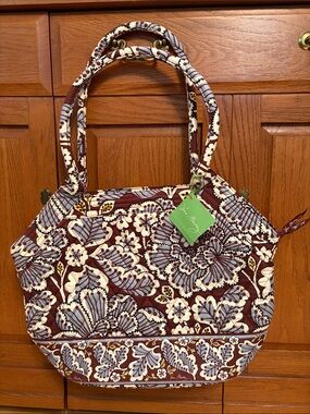 Vera Bradley Slate Blooms (Retired) Angle Tote Brown & Blue Floral Quilted NWT